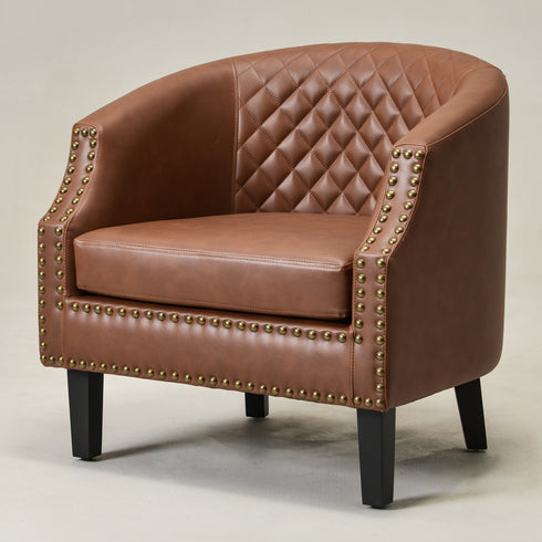 Louis Faux Leather Tufted Club Chair - Brown Accent Chair | Decorative Accent Chairs | Kinwell Furniture | Modern Club Chairs | Barrel Club Chair | Nailhead Trim Chair | Contemporary Faux Leather Chair | Elegant Brown Chair